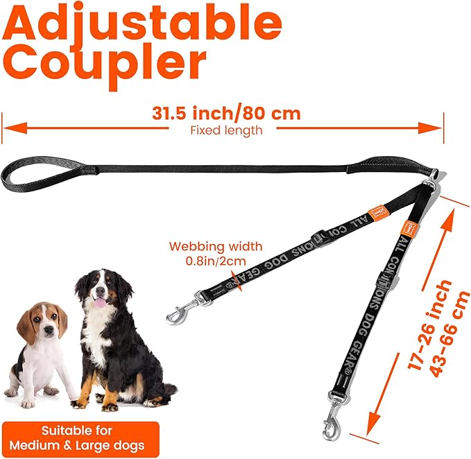 HOWGO Double Dog Leash, No Tangle 360° Swivel, Adjustable Two Padded Handles, Double Clip Dog Leash Coupler Splitter for 30~150 lbs Large and Medium Breeds (Pink, 4/5'' x 4.8 FT, Ultralight)