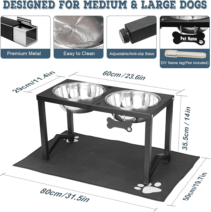 Elevated Dog Bowls, Metal Raised Dog Bowl Stand with Two Thick 111oz Capacity Stainless Steel Food Bowls & Non-Slip Mat - 14" Tall for Large/Extra Large Breeds