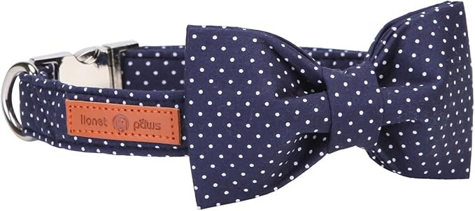 Lionet Paws Boy Dog Collar with Bowtie, Comfortable Adjustable Cute Navy Blue Bow Tie Collar for Male Dogs Gift, XLarge, Neck 16-26 inches