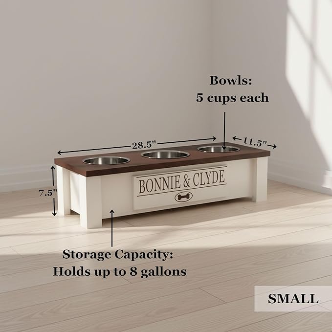 GTW Personalized Elevated Triple Dog Bowl Stand for Large, Medium, Small, X-Small Dogs - 3 Stainless Steel Food and Water Bowls - Raised Dog Dish with Internal Storage (Small, Pink)