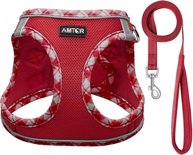 AMTOR Small Dog Harness with Leash Set, No Escape Easy Walk Puppy Harnesses for Training Walking, Step-in Reflective Soft Dogs Vest for XS S Medium Extra-Small Large Sized Dog(S Size,Red/White)