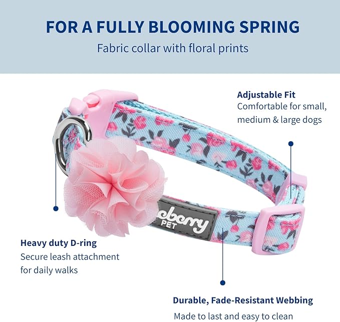 Blueberry Pet Made Well Cute Floral Print Adjustable Dog Collar in Light Blue with Pink Silk Flower, X-Small, Neck 7.5-10", Dog Collars for Small Dogs, Puppy Collar, Extra Small Dog Collar