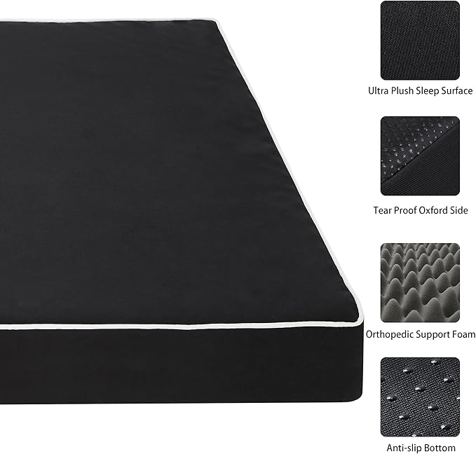 Dog Bed Mats for Large Big Dogs - Orthopedic Dog Pet Bed Thick Egg Foam Crate, Removable Washable Cover, Non-Slip Bottom Durable Dog Crate Bed Mat (Black, XXXL(54''x42''x4''))