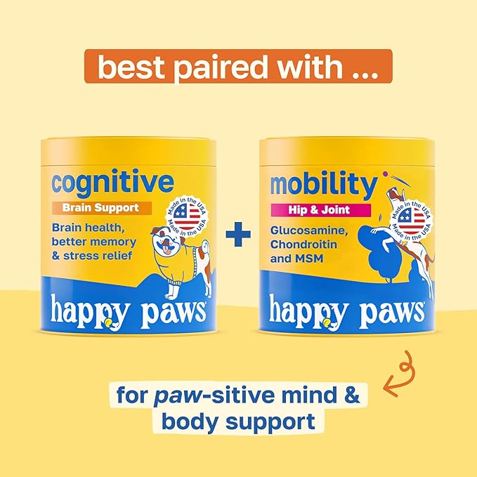 Happy Paws Cognitive Supplement for Dogs, Chicken Soft Chews with Taurine, Spirulina, CoQ10 & Vitamins B1, B3, B12, Supports Cognitive Function, Memory and Focus, Chews for Small to Large Dogs