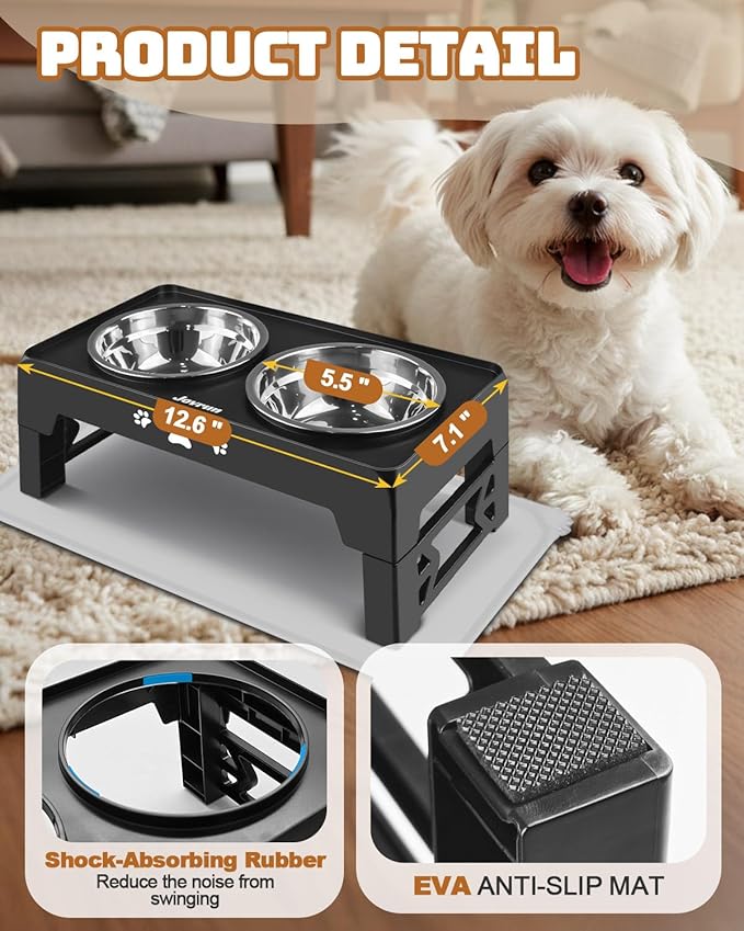 Elevated Dog Bowls, Dog Feeder with 2 Stainless Steel Dishes, 2 Heights Adjustable Raised Stand for Small Dogs, Food Dishes with Non-Slip Feet
