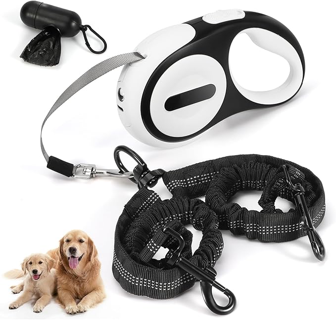Double Retractable Dog Leash for 2 Small Dogs (Up to 66 Lbs Each), 2 Headed Pet Leash with Poop Bags and Rechargeable LED Light - Tangle-Free Swivel - One Button Break & Lock (White, Medium)