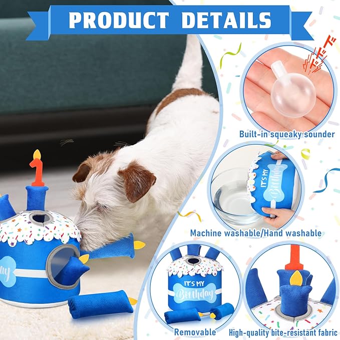 Dog 1st Birthday Cake Toy Squeaky Interactive Dog Toy Hide and Seek Plush Dogs Puzzle Puppy Toys for Boredom Keep Them Busy for Small Medium Dogs(Blue)
