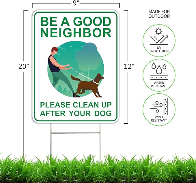 Clean Up After Your Dog Signs (2 Pack, 9 x 12") With Metal H-Stakes, Double Sided,No Dog Poop Lawn Signs,Outdoor & Sturdy