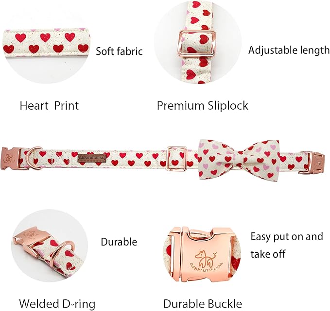 Elegant little tail Valentine's Dog Collar, Heart Dog Collar Cute Girl or Boy Puppy Collars Bowtie Pet Gift Adjustable Pet Collars for X-Small Dogs