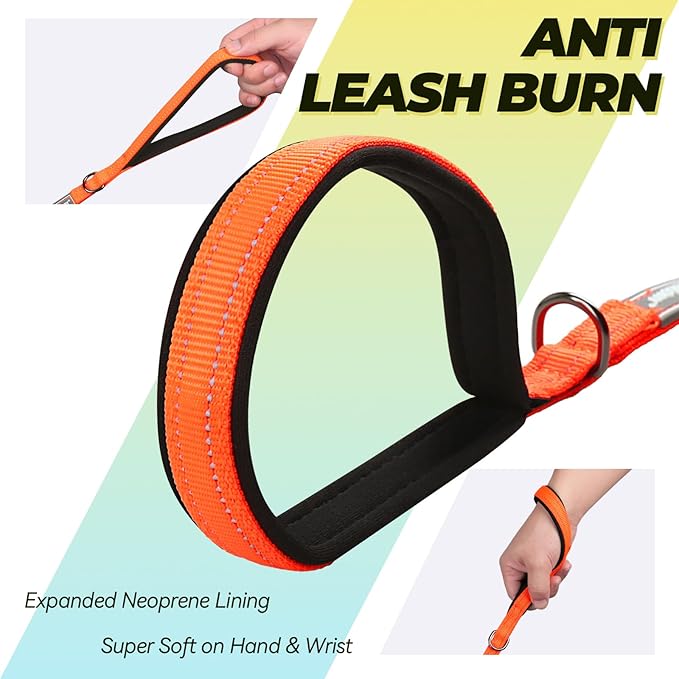 VIVAGLORY Twingrip Dog Leash, Double Handle Dog Leash for Training & Walking with Traffic Handle & 2 Loop, Traffic Control Reflective Heavy Duty for Puppy Pet, 5ft x 1/2in, Orange