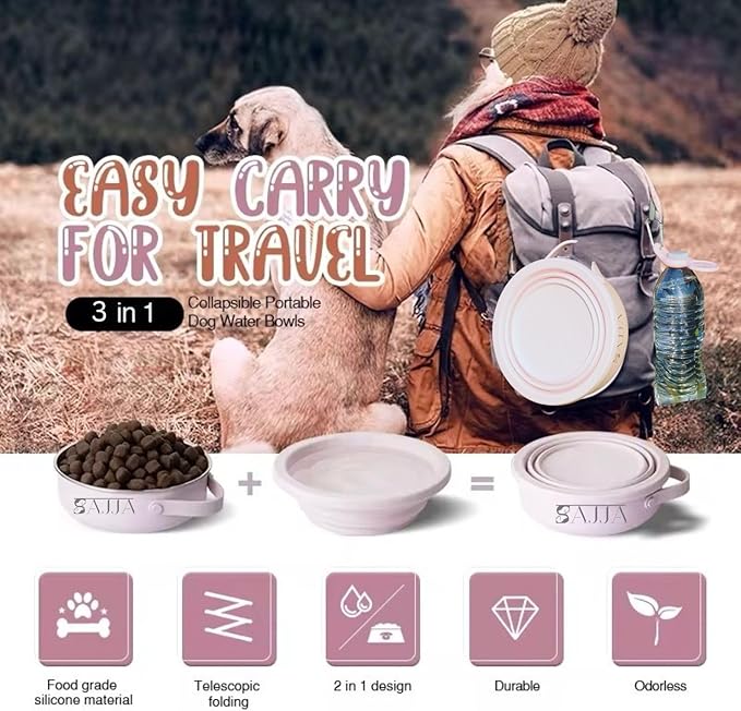 Black Slow Feeder Travel Dog Bowl Set | 30oz Stainless Steel + 20oz Collapsible Silicone Dish | Water Bottle Holder| Non-Slip, Anti-Choking, BPA-Free | We Give Back