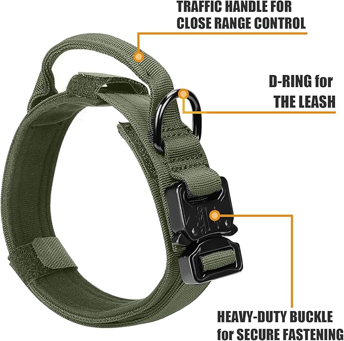Tactical Military Dog Collar - Adjustable Nylon, Heavy Duty Metal Buckle with Handle for Training, Patches (Green, XL)