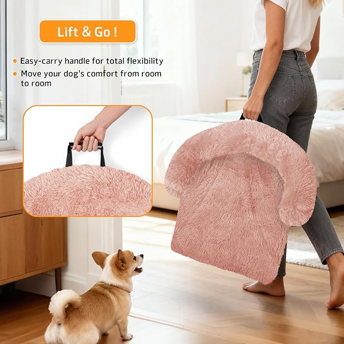 GGIB Calming Dog Bed Fluffy Plush Dog Mat for Furniture Protector with Removable Washable Cover for Large Medium Small Dogs and Cats (Small(35x31x5),Pink)