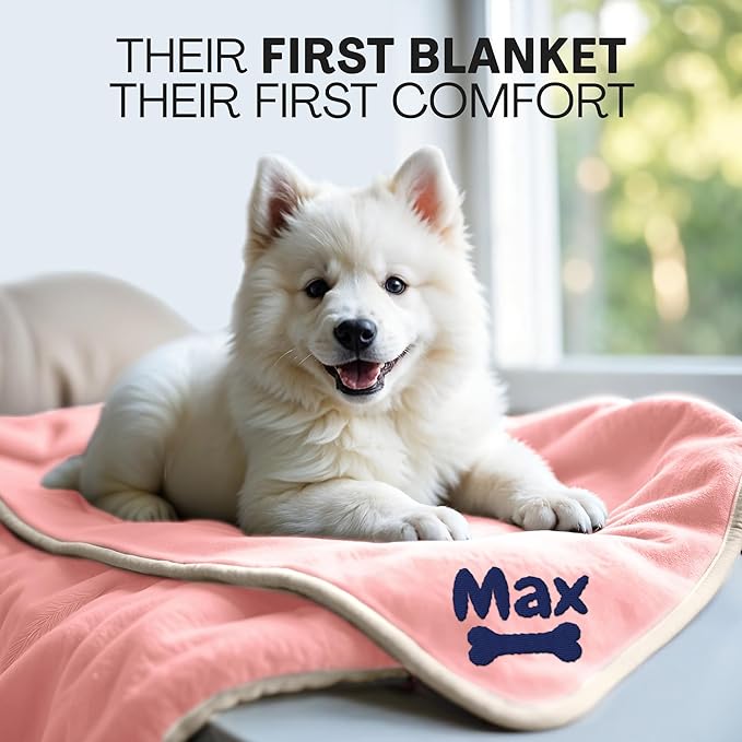 Personalized Puppy Blanket – Custom Embroidered Dog Blanket with Name & Birth Date – Soft New Puppy Gift – Keepsake for Dog Lovers, Pup Moms & New Pet Owners - Pink