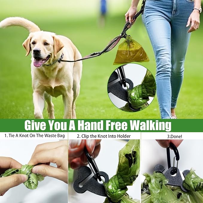 Dog Poop Bag Dispenser for Leash Accessory, 2 Packs (Black), 16 Rolls, Hand Free Holder & Bag, Fits Dog Leash, Animal Waste