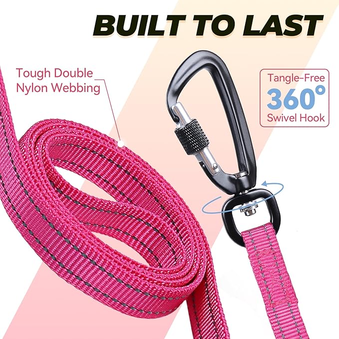 VIVAGLORY Dog Leash Lighthook Double Handle Dog Leash with Traffic Handle & Locking Carabiner for Walking & Training, Traffic Control Lightweight Carabiner for Puppy Pet, 5ft x 1/2in, Pink