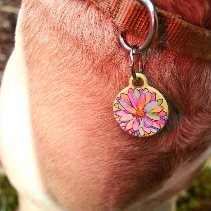 Dog Tag Art Sketched Flower Personalized Pet ID Tag for Dogs and Cats, Silent Polymer Coated Stainless Steel Nametag with Customized Identification Information - Large 1.25" Diameter