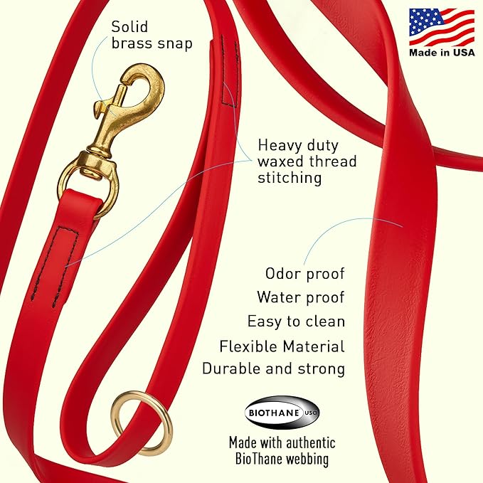 Viper Biothane K9 Working Dog Leash Waterproof Lead for Tracking Training Schutzhund Odor-Proof Long Line with Solid Brass Snap for Puppy Medium and Large Dogs 4ft, Cherry Red