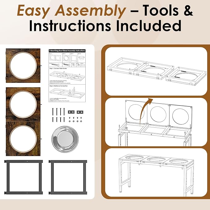 Elevated Dog Bowls Stand for Large Dogs - 3 Bowl Dog Feeder with Adjustable Height & Tilt, Stainless Steel Bowls & Wood Tray for Large Breeds, Triple Bowl Feeding Station, 3500ML*3 Capacity