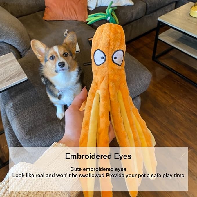 Dog Squeaky Toys Octopus, No Stuffing Crinkle Plush Dog Toys for Puppy Teething, Durable Interactive Dog Chew Toys for Small to Medium Dogs Training and Reduce Boredom (2 Pack)