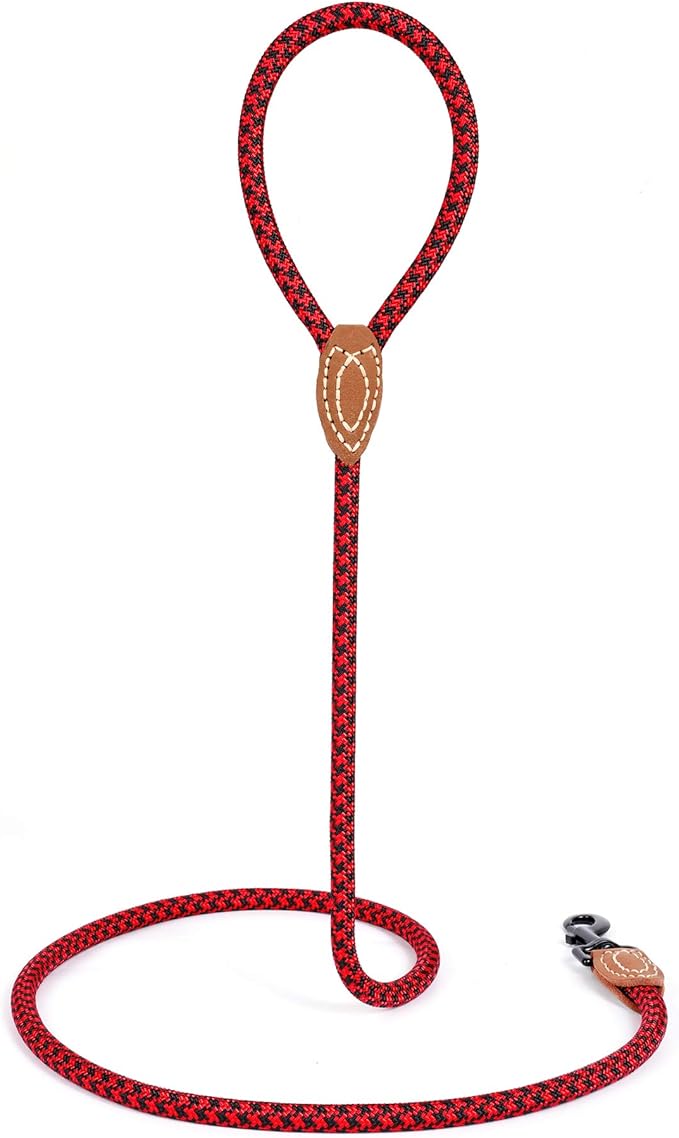 Mile High Life | Mountain Climbing Dog Rope Leash with Heavy Duty Metal Sturdy Clasp | Genuine Leather Tailored Connection with Strong Stitches (Red Black, 72 Inch (Pack of 1))