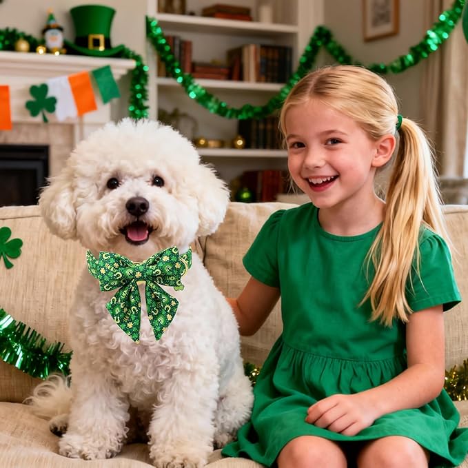 DOGWONG St. Patrick's Day Dog Collar with Sailor Bow Tie- Lucky Shamrock Bowtie Collar for Girl Boy Dog, Trefoil Dogs Collars Durable Adjustable, S