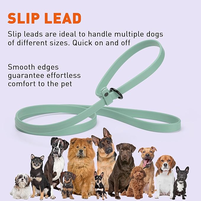 Dogline Biothane Slip Dog Leash - for Small, Medium and Large Dogs - Odor Free Slip Lead, Heavy Duty and Durable Material Kennel Lead - Sage Green - 7ft L x 5/8in W
