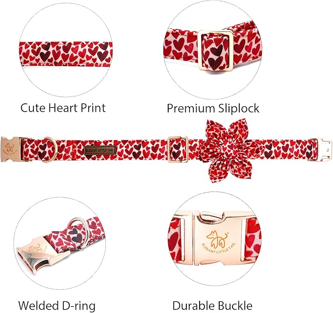 Elegant little tail Valentine's Dog Collar with Flower, Cute Heart Dog Collar for Medium Dogs Female Adjustable Cotton Pet Collar with Flower for Small Medium Large Dogs