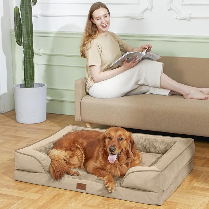 Comfort Expression Orthopedic Dog Bed for Medium Dogs 28x19 Inch, Waterproof Egg Crate Foam Medium Pet Bed with Removable Bolsters, Dog Couch with Washable Cover & Non-Slip Bottom, Light Brown