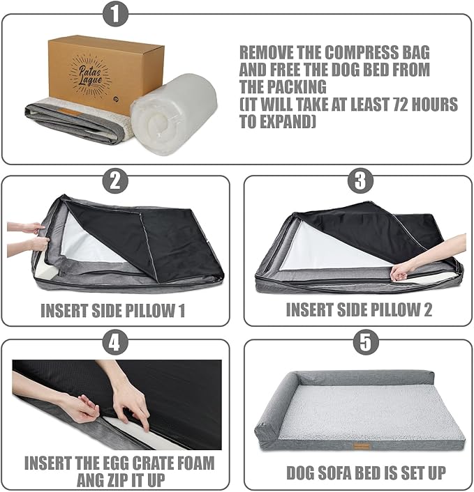 Patas Lague Orthopedic XL Dog Bed Large Sized Dog 48''X30'', Waterproof L Bolster Big Large Pet Sofa Beds with Removable Washable Cover, Soft Comfortable Pet Couch Crate Mat with Nonskid Bottom, Pink
