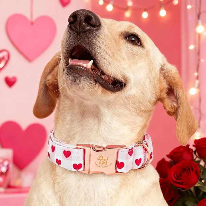 Elegant little tail Valentine's Dog Collar - Pink Plaid Red Heart Dog Collars Flower Pet Collars with Sturdy Metal Buckle Cute Puppy Adjustable Collar for X-Large Dogs