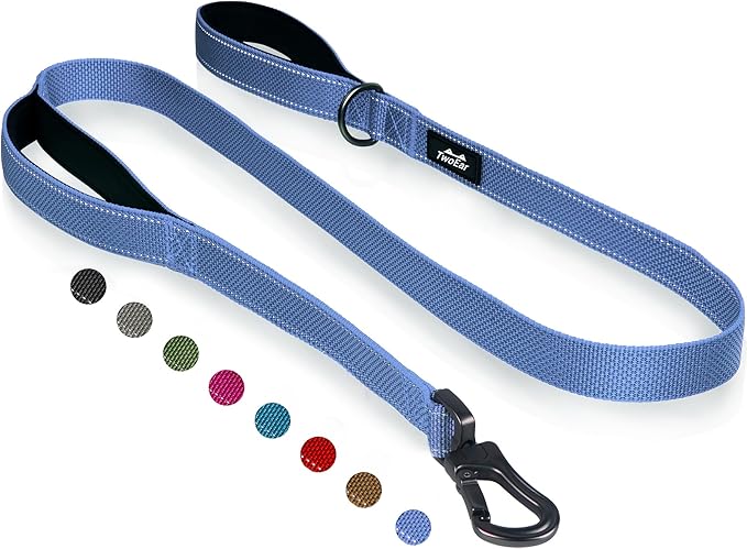 TwoEar 5FT 1IN Strong Dark Blue Dog Leash with 2 Padded Handles, Traffic Handle Extra Control, Comfortable Soft Dual Handle, Auto Lock Hook, Reflective Walking Lead for Small Medium and Large Dogs