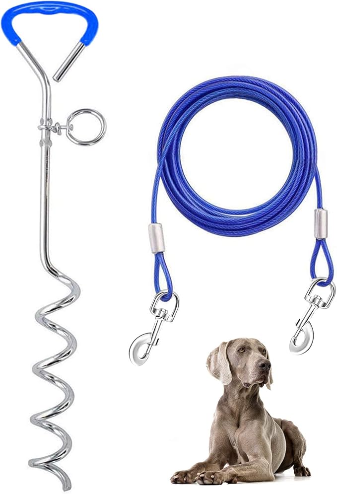 Supet Dog Tie Out Cable and Stake 32/16/10 ft Outdoor, Yard and Camping, for Medium to Large Dogs Up to 125 lbs, 16" Stake, 32/16/10 ft Cable with Durable Spring and Metal Hooks for Outdoor