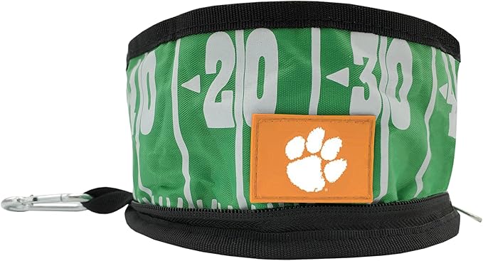 Pets First NCAA Clemson Tigers Collapsible Dog Travel Bowl, Food and Water Bowl for Dogs & Cats. Lightweight Leak-Proof Pet Bowl for Travel with Football Field & Pebble-Grain Design