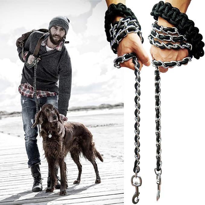 Dog Leash Leads Chain Rope Metal with Pet Collar Training Walking Heavy Duty Anti Bite 360 Hook for Medium and Large Dogs Black (Large)