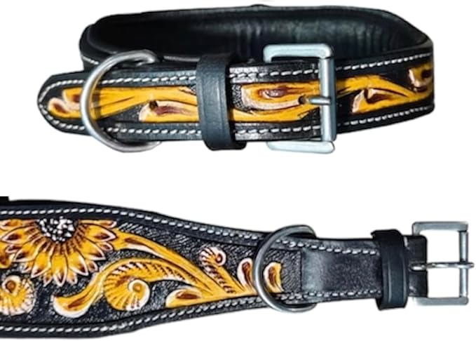 Majestic Ally Genine Leather Dog Collar with Adjustable, Padded Fit for Walking, Hiking, and Running, Designer Western Wear for Puppies, Fancy Customized Colors (Black - Yellow, Extra Small)
