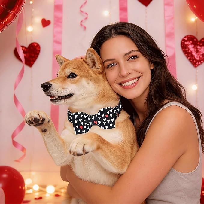 Elegant little tail Valentine's Dog Collar - Black Heart Dog Collars Bowtie Pet Collars with Sturdy Metal Buckle Puppy Adjustable Collar for Large Dogs