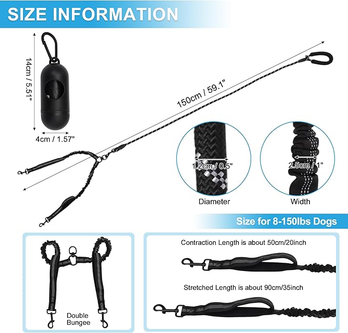 Double Dog Leash, Hands-Free Dual with Comfortable Padded Handle, Double for Two Dogs, Adjustable Length, Black, 1 Set