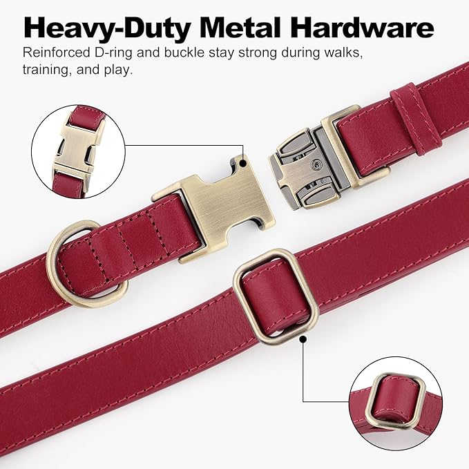 Plutus Pet Genuine Leather Dog Collar – Adjustable Pet Collar with Quick Release Metal Buckle, Soft Real Leather for Small Medium Large Dogs, Heavy Duty & Skin-Friendly (Burgundy, S)