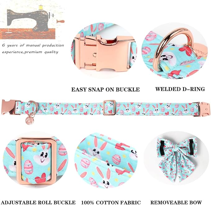 DOGWONG Cotton Easter Dog Collar with Bowtie, Soft Adjustable Blue Bunny Easter Day Dog Collar Cute Colorful Egg Puppy Collar for Small Medium Large Dog