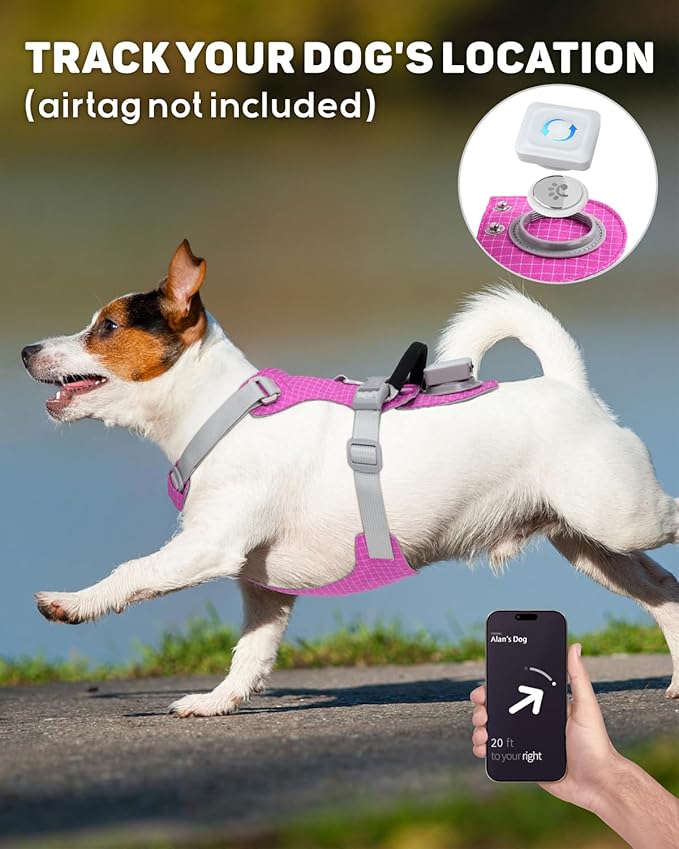 TagME No Pull Dog Harness with 2 Leash Clips,Lightweight & Visible for All-Day Walking,No Choke Pet Vest Includes AirTag Holder for Medium Dogs,Fuchsia Pink