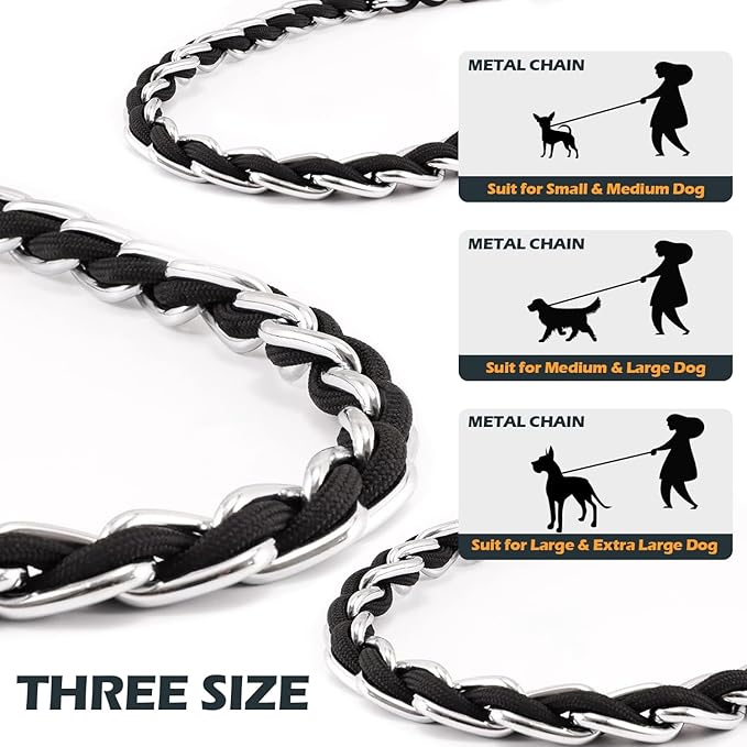 Chain Dog Leash Chew Proof Metal Leash for Medium Large Dogs, Chain Link Dog Anti Chew 5.2FT / 4FT Strong Anti Bite Comfortable Soft Padded Handle (Black, 4FT(30-80lb)