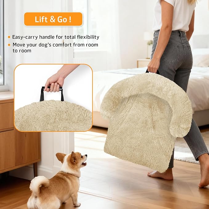 Calming Dog Bed Fluffy Plush Dog Mat for Furniture Protector with Removable Washable Cover for Large Medium Small Dogs and Cats (Extra Large (53x39.3x6), Beige)