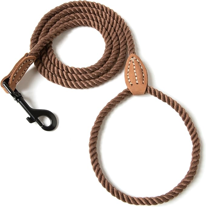 Mile High Life Dog Leash, Braided Cotton Rope Leashes with Leather Tip - Heavy Duty Metal Clasp, 5FT, 1/3" Thick - Wedding, Walking Leash for Small Medium Puppy(Dark Brown)