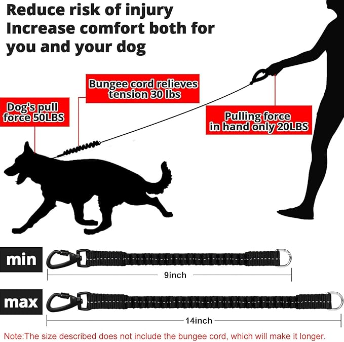 Rope Dog Leash 4 FT: Heavy Duty Leashes with Swivel Lockable Hook Reflective Threads Bungee and Padded Handle - Dog Lead for Large Small Medium Dogs Outside Walking Hiking Black