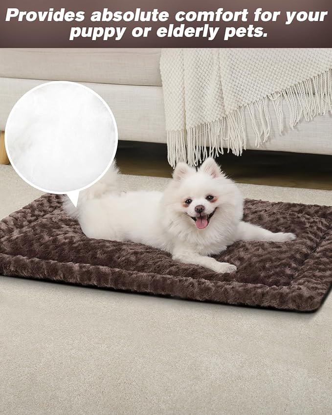 Washable Dog Bed Mat Dog Crate Pad Soft Fluffy Pet Kennel Beds Dog Sleeping Mattress for Large Jumbo Medium Small Dogs, 35 x 22 Inch, Brown