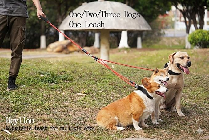 3 in 1 Durable Nylon Dog Leash with Padded Handle, 360° Swivel Multiple Dog Leash No Tangle, Lead for Medium Large Dogs, Walking & Training Double Dogs Leash Red