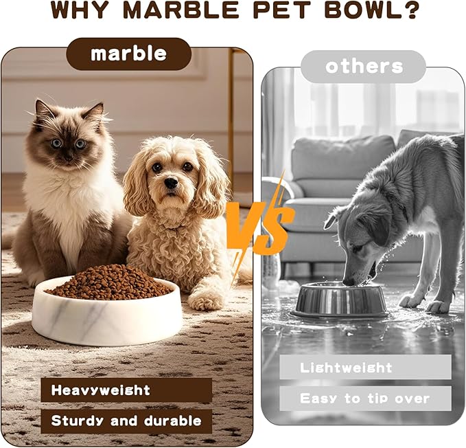 White Marble Dog Bowl, Non-Slip Non-Tipping Heavy Dog Food Bowl, Large Weighted Stone Dish, Natural Marble Pet Water Bowl, Easy to Clean, Perfect Gift for Cat & Dog Lovers, Holds 6 Cups(6 lbs)