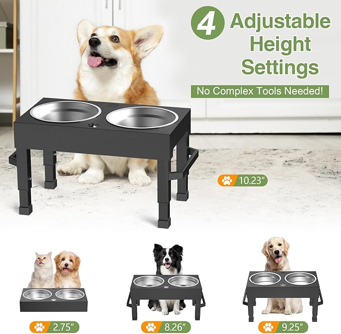 Elevated Dog Bowls, 4 Height Adjustable Raised Bowl Stand with 2 Stainless Steel 7" Food Feeder Bowls for Small Medium and Large Dogs