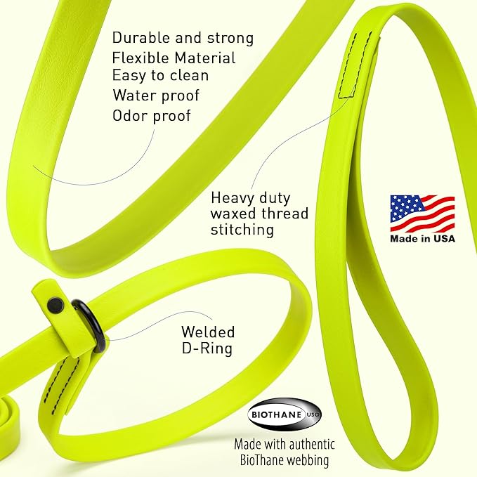 Dogline Biothane Slip Dog Leash - for Small, Medium and Large Dogs - Odor Free Slip Lead, Heavy Duty and Durable Material Kennel Lead - Safety Yellow - 5ft L x 5/8in W